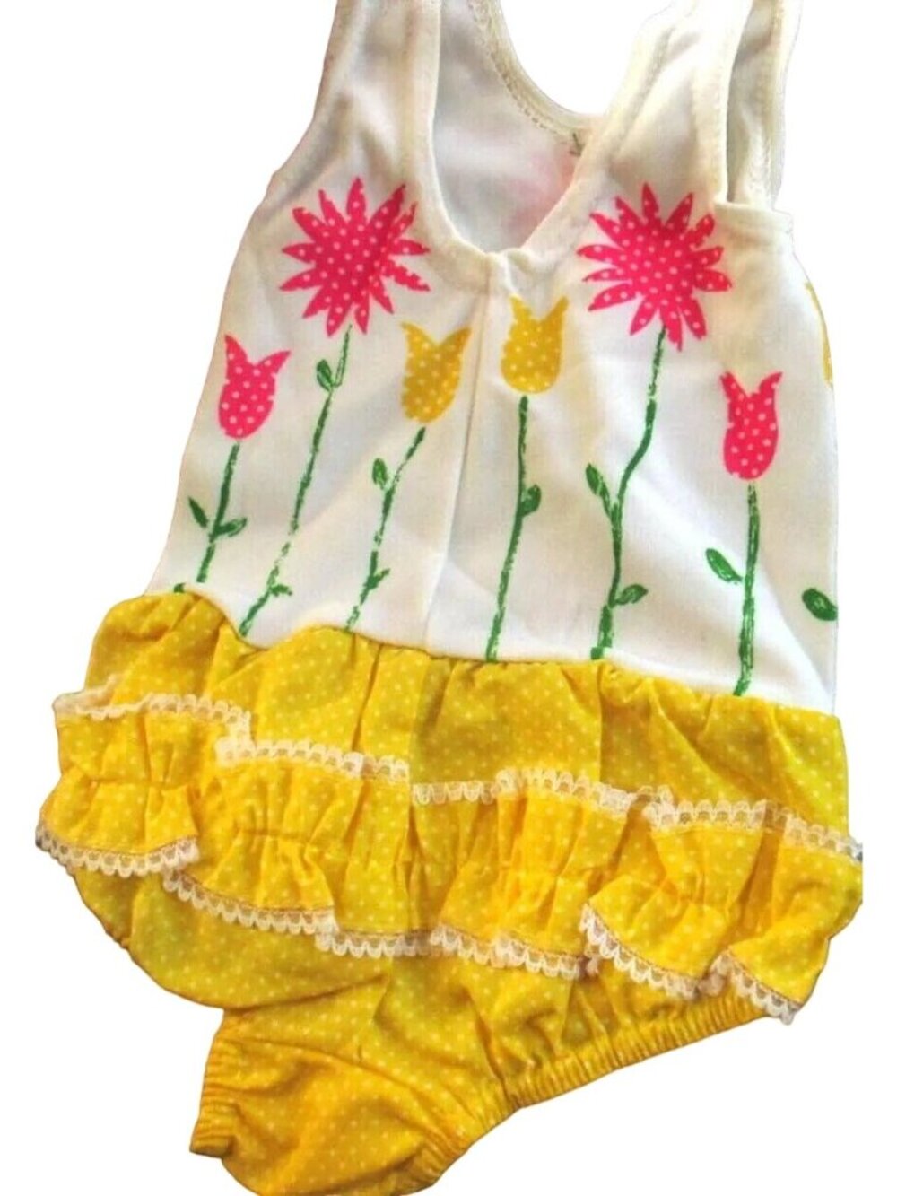 Vintage Swim Suit Toddler 2 2T Girls Floral Print Romper Yellow Ruffled New 80s